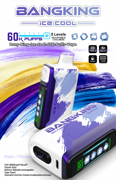Purple-and-white Bangking “Ice Cool” vape device shown in close-up with branding that reads 60K puffs and 5 levels adjustable coolness, ice-cube icons and a small screen indicating coolness levels against a colorful brushstroke background.