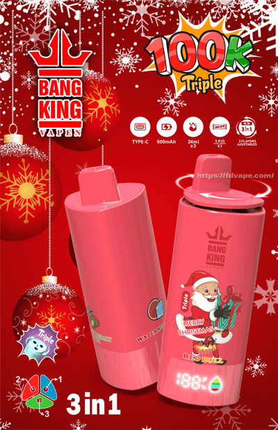 Anuncio rojo con temática navideña que presenta dos dispositivos desechables Bang King Vapen de color rosa con una calcomanía de Papá Noel que dice 'Feliz Navidad', una insignia de '100k Triple' e íconos que indican sabores tipo C, 600 mAh, 24 ml × 3 y 3 en 1, frente a adornos rojos colgantes y copos de nieve blancos.