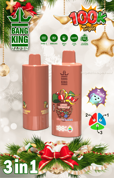Afiche promocional con temática navideña que muestra dos dispositivos de vapeo desechables Bang King Vapen 100K Triple de color coral con gráficos e íconos navideños que destacan la carga tipo C, batería de 600 mAh, capacidad x3 de 24 ml y sabores ajustables 3 en 1, frente a ramas de pino, adornos y un lazo rojo.
