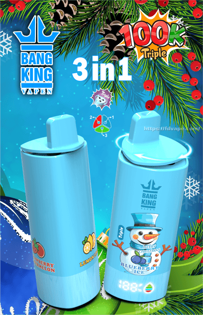 Dos vaporizadores desechables Bang King cilíndricos de color azul cielo, uno con la etiqueta Blueberry Ice con un muñeco de nieve y el otro con íconos de fresa/sandía y limón, sobre un fondo festivo de pino y bayas con un gran texto promocional “3 en 1” y “100k Triple”.