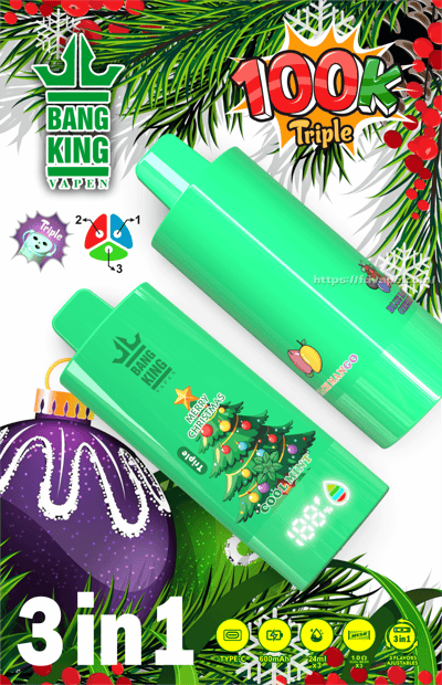 Dos dispositivos de vapeo desechables Bang King Vapen de color verde menta con gráficos de árboles navideños y mangos, la marca '100k Triple' y una pantalla digital de porcentaje de batería, colocados en diagonal sobre un fondo festivo de ramas de pino, acebo y adornos con íconos '3 en 1'.