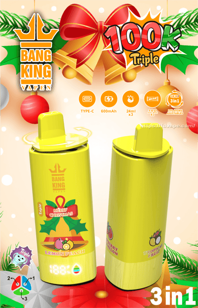 Dos dispositivos desechables Bang King Vapen 3 en 1 de color amarillo brillante con boquillas que se muestran sobre un fondo con temática navideña que presenta un gran lazo rojo y campanas doradas, una insignia prominente “100k Triple”, íconos de productos (Tipo C, 600 mAh, 24 ml x3) y gráficos de sabores de Melocotón Limón, Melón Fresa y Fruta Tropical.