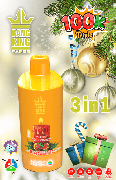 Anuncio brillante con temática navideña que muestra un vaporizador desechable Bang King Vapen de color amarillo anaranjado con una etiqueta de sandía y fresa que dice 'Feliz Navidad', rodeado de adornos navideños, regalos y un bastón de caramelo, con textos prominentes '100k Triple' y '3 en 1', el logotipo de Bang King en la parte superior izquierda y pequeños íconos de especificaciones en la parte inferior.
