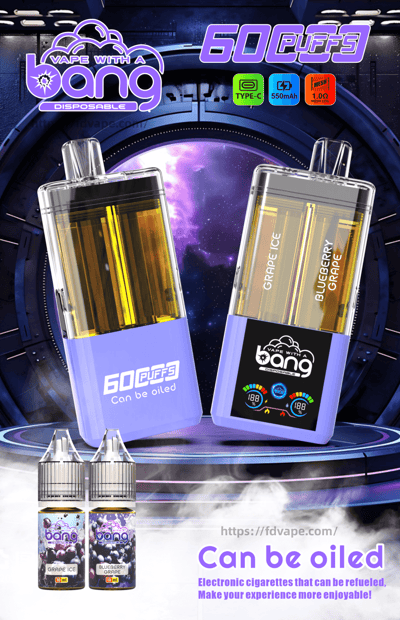Two purple 60‑puff disposable vape pens with clear tanks, flavors Grape Ice and Blueberry Grape, set against a space‑themed background.