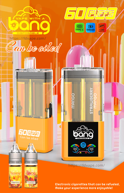 Bright orange Bang disposable vape ad showing two mango-flavored devices with 60 puffs and colorful branding.