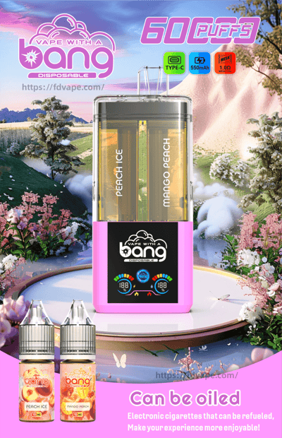 Colorful Bang disposable vape ad showing a pink device with two flavor pods labeled Peach Ice and Mango Peach, promoting 60 puffs.