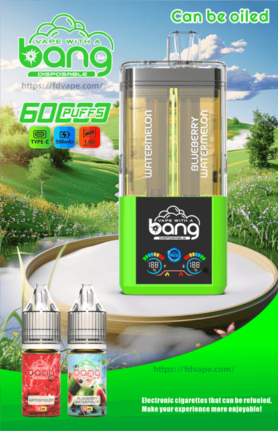 Bright green disposable vape with two clear cartridges labeled Watermelon and Blueberry Watermelon, set on a grassy background