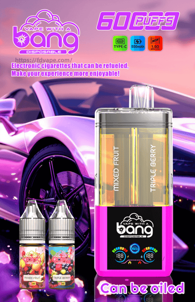 Vibrant pink disposable vape with a clear tank and 60 puffs, beside two fruit e-liquid bottles against a purple background.