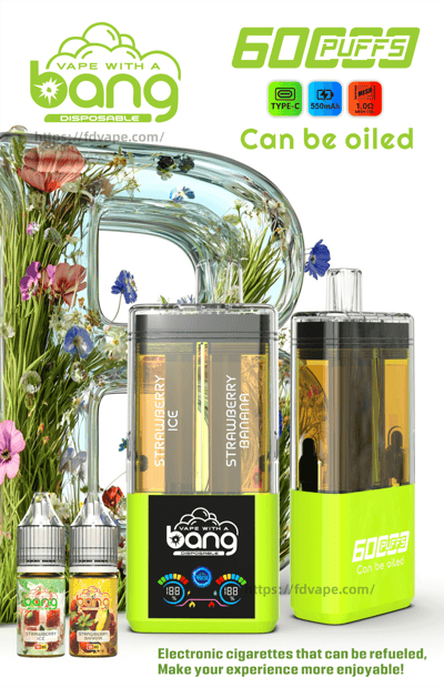 Promotional poster for Vape with a Bang disposable vape, neon-green device, floral background, and 60 puffs can be oiled.