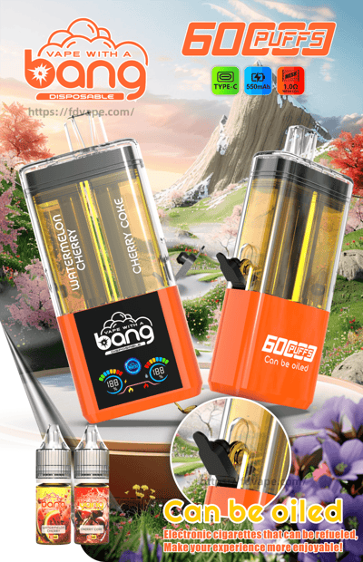 Two orange disposable vape devices with clear tanks in a scenic mountain landscape, advertising Bang 60 Puffs.