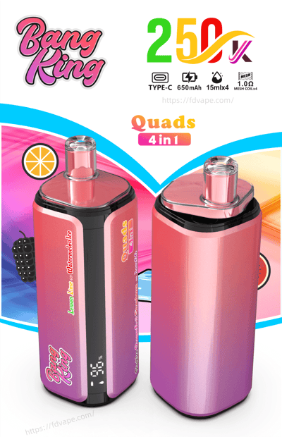 Two pink gradient vape devices with clear top pods and Quads 4 in 1 branding against a colorful curved background.