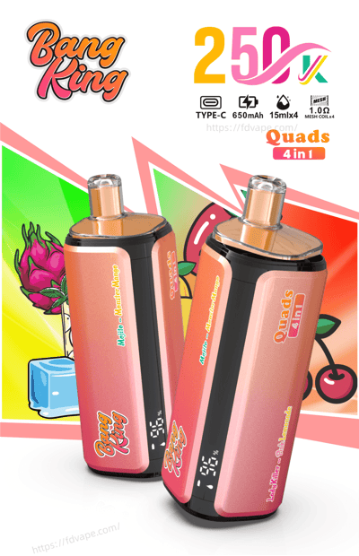 Two pink Bang King Quads 4-in-1 vape devices with orange liquid and digital displays, in front of a colorful background.