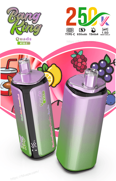 Bang King Quads 4 in 1 packaging featuring two purple gradient vape pods with a fruit-themed pink background.