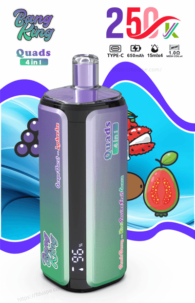 A purple-green gradient vape mod with a tall purple pod, set against colorful fruit graphics and Bang King branding.