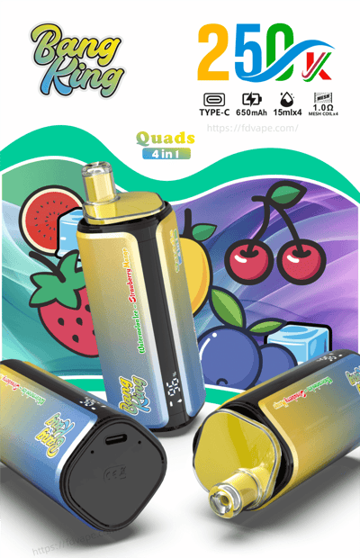 Bang King 250 vape kit with four pod devices and colorful fruit-themed artwork.