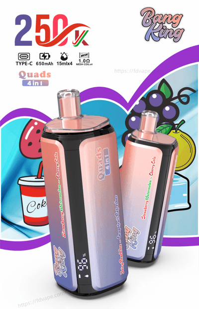Two gradient pink and purple Quads 4in1 vape devices with flavor labels on the sides, set against a bright fruit-themed background.