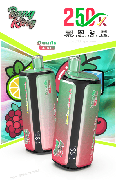 Bang King packaging for Quads 4in1 disposable vapes, featuring two green-pink devices with fruit graphics and 250V branding.
