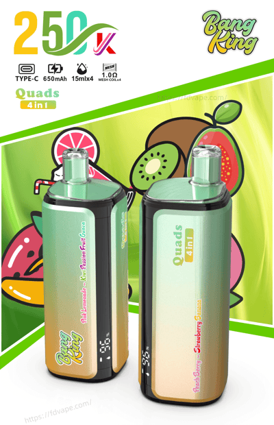 Two Bang King Quads 4-in-1 vape devices in gradient peach-to-green with green tops, set against a vibrant fruit-themed background.