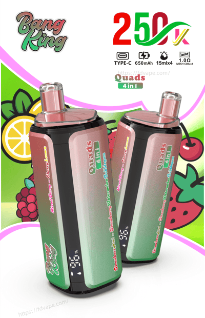 Three pink-green gradient vape mods with curved mouthpieces, featuring Quads 4 in 1 and Bang King logo against fruit graphics.