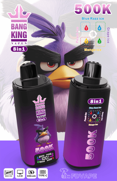 Purple “Bang King” vape device package with “500K Blue Razz Ice” and “8 in 1” on two canisters