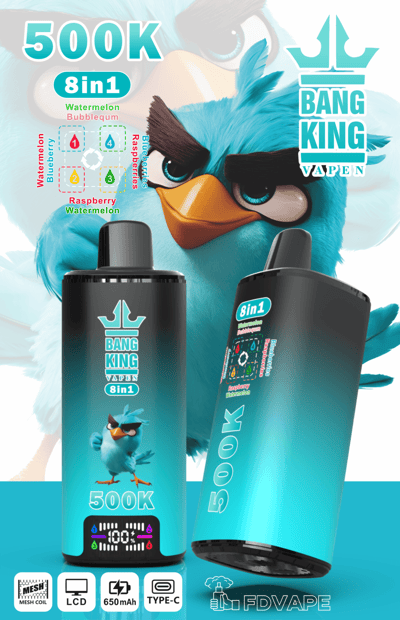 Blue cartoon creature with eyes, plus two “Bang King Vape” 8-in-1 device bottles labeled “500K” and flavor options