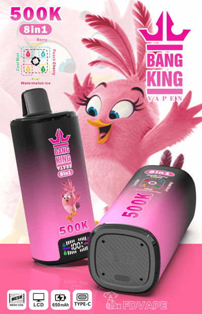 “Bang King” vape kit with pink bird character and “500K 8in1” text, plus “PEACH BERRY” flavor graphics