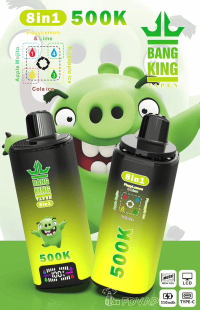 Green cartoon vape character with two 8-in-1 refill bottles labeled Bang King 500K and FdVAP 650mAh Type-C