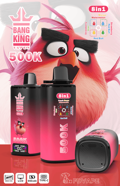 Cartoon red fox with vape device packaging showing “BANG KING VAPEN” and “8in1 Peach Mango Watermelon” flavors