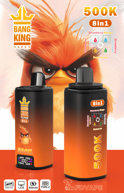 Bang King Vapeen 500K 8-in-1 disposable e-cigarettes with fiery orange bird mascot and flavor icons