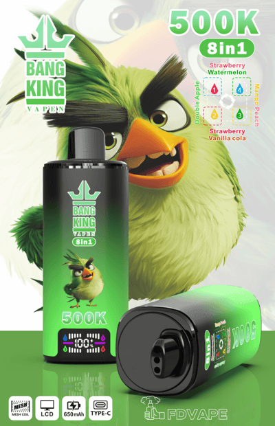 Green “Bang King” vape canister with a fluffy cartoon bird character and “500K 8in1” flavor text