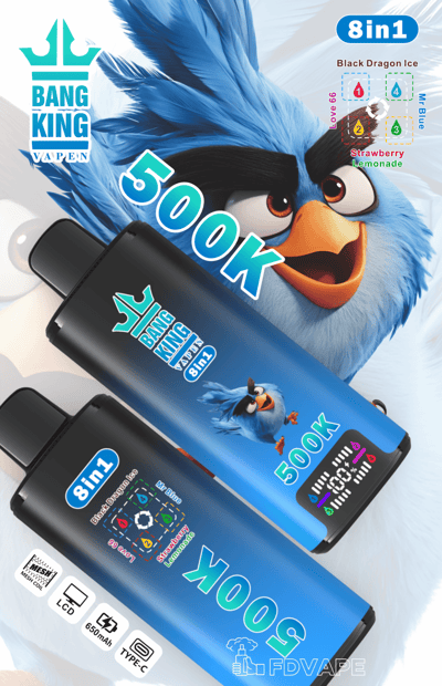 Blue cartoon vape device with 8-in-1 Bang King branding and “Black Dragon Ice” flavor graphic