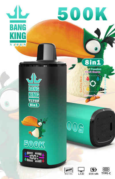 Vape product bottle with Bang King label, green-orange flavor mascot, 500K and 8in1 text, and 650mAh Type-C icons