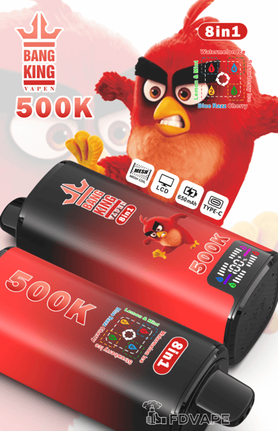Red Bang King vape device with “8 in 1” flavor graphic and cartoon bird character on a promotional background