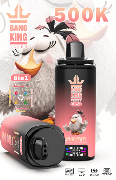 Black vape device with “BANG KING” branding, 8 in 1, 500K puff graphic, featuring a cartoon duck on pink background