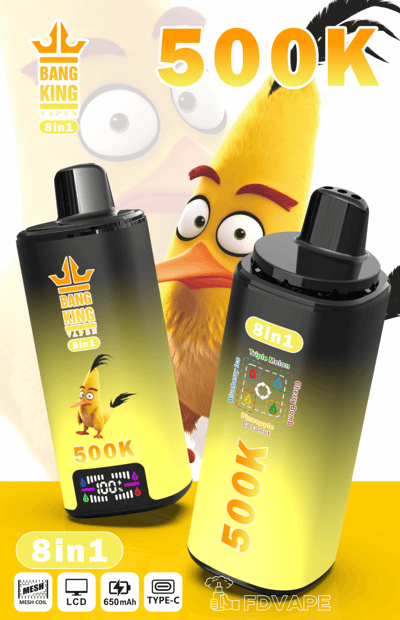 Bang King vape ad featuring a yellow chick character and two vape devices labeled 8 in 1, 500K, and 650mAh