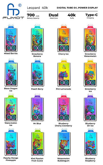 Array of colorful Fumot Leopard 40k vaping devices featuring various fruit flavors such as Mixed Berries, Strawberry Banana, Cherry Ice, and Peachy Mango Pineapple, each with vibrant leopard imagery and descriptions like 700mAh battery capacity and 40k puffs on the top left.