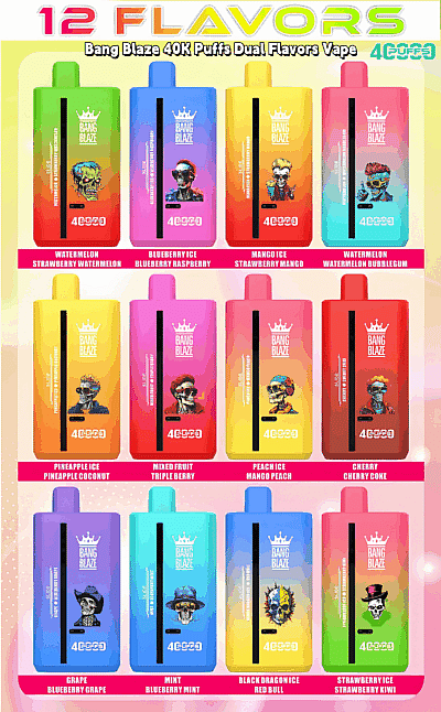 Esposizione di dodici dispositivi per svapare Bang Blaze 40K Puffs Dual Flavors in vari colori e design vivaci, ognuno con un'etichetta che raffigura diverse combinazioni di aromi, come Watermelon Bubblegum, Black Dragon Ice e Strawberry Kiwi.