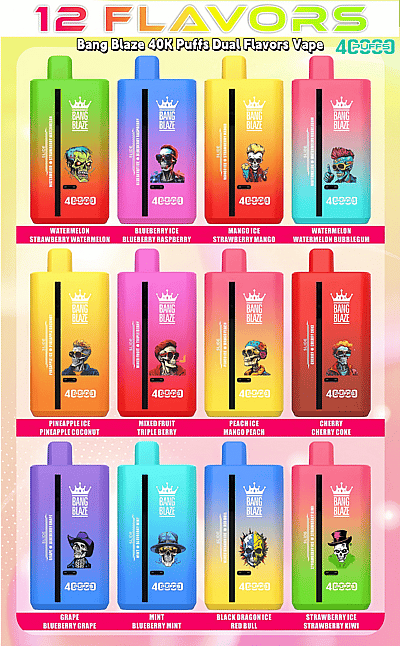 Exhibición que muestra doce dispositivos de vapeo Bang Blaze 40K Puffs Dual Flavors en varios diseños y colores vibrantes, cada uno etiquetado con diferentes combinaciones de sabores como Watermelon Bubblegum, Black Dragon Ice y Strawberry Kiwi.