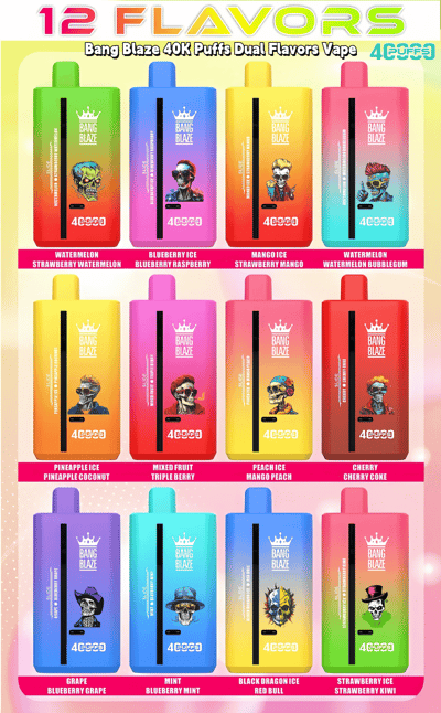 Display showcasing twelve Bang Blaze 40K Puffs Dual Flavors vape devices in various vibrant designs and colors, each labeled with different flavor combinations like Watermelon Bubblegum, Black Dragon Ice, and Strawberry Kiwi.