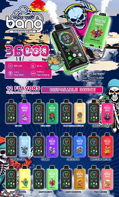 Una pubblicità colorata che presenta le sigarette elettroniche monouso Bang, con un dispositivo con schermo intelligente da 36.000 boccate e illustrazioni di vari gusti tra cui Strawberry Kiwi e Peach Mango Watermelon. Lo sfondo include una grafica vivace di una spiaggia e motivi a teschio.
