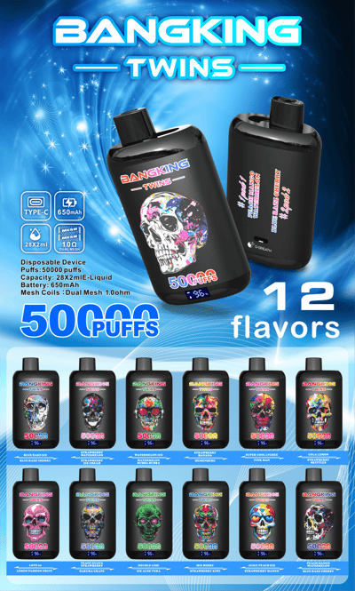 Promotional image showcasing Bangking Twins disposable vape devices with colorful skull designs, offering 50,000 puffs, 282ml capacity, 650mAh battery, Type-C charging, and 12 flavor options.