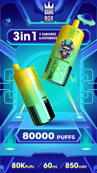 Bang Box 3in1 vape ad with two yellow-green bottles, skull artwork, lemon cola flavor, and 80000 puffs.