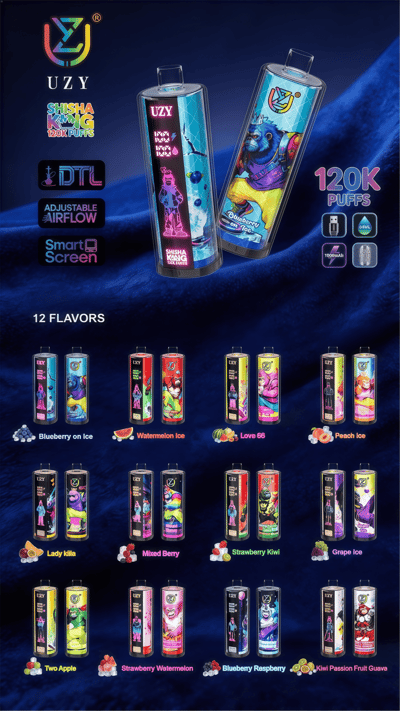 Two UZY vape pens with bright artwork float on a blue background, advertising 120K puffs and 12 flavors.