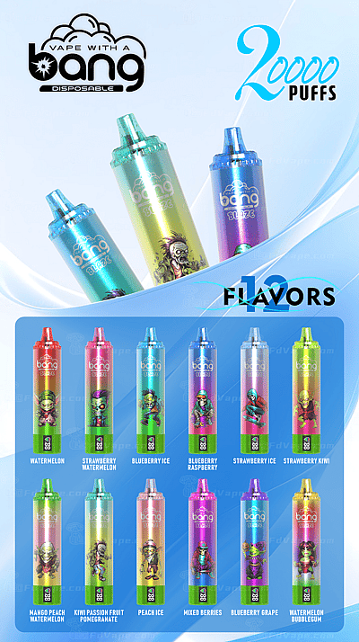 Appareils de vapotage jetables colorés de marque « Bang Blaze » présentant 12 saveurs, dont la pastèque, la fraise-pastèque, la glace aux myrtilles et les baies mélangées, avec un texte de 20 000 bouffées.