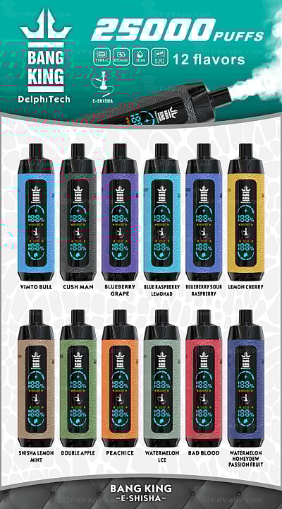 Een e-shisha-productdisplay voor "Bang King" met 12 smaken, waaronder Vimto Bull, Cush Man, Blueberry Grape, Blue Raspberry Lemonade, Blueberry Sour Raspberry, Lemon Cherry, Shisha Lemon Mint, Double Apple, Peach Ice, Watermelon Ice, Bad Blood en Watermelon Honeydew Passion Fruit, met 25.000 trekjes, 650 mAh-batterij, Type-C-opladen, 30 ml-capaciteit en mesh-coiltechnologie.