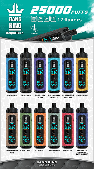 Une présentation de produits e-shisha pour « Bang King » comprenant 12 saveurs, dont Vimto Bull, Cush Man, Blueberry Grape, Blue Raspberry Lemonade, Blueberry Sour Raspberry, Lemon Cherry, Shisha Lemon Mint, Double Apple, Peach Ice, Watermelon Ice, Bad Blood et Watermelon Honeydew Passion Fruit, mettant en valeur 25 000 bouffées, une batterie de 650 mAh, un chargement de type C, une capacité de 30 ml et une technologie de bobine en maille.