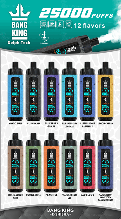 An e-shisha product display for "Bang King" featuring 12 flavors, including Vimto Bull, Cush Man, Blueberry Grape, Blue Raspberry Lemonade, Blueberry Sour Raspberry, Lemon Cherry, Shisha Lemon Mint, Double Apple, Peach Ice, Watermelon Ice, Bad Blood, and Watermelon Honeydew Passion Fruit, highlighting 25,000 puffs, 650mAh battery, Type-C charging, 30ml capacity, and mesh coil technology.