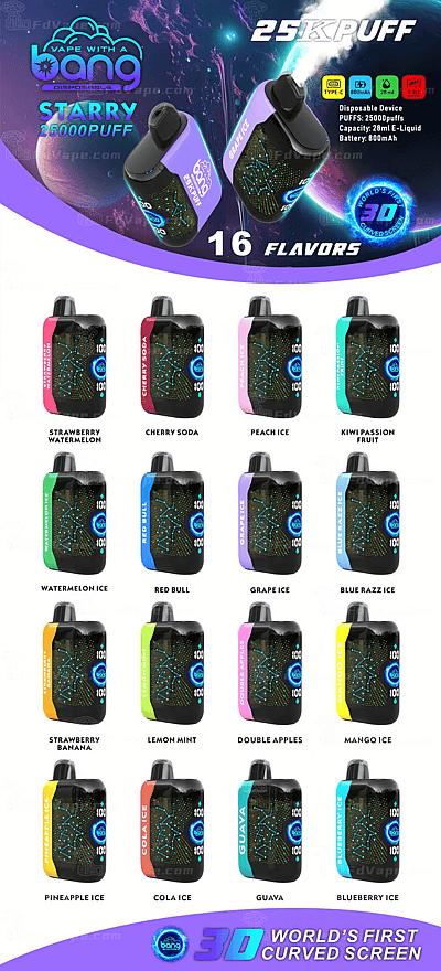 Advertisement for Bang Vape Starry 25000 Puff with 16 flavors, featuring a 3D curved screen and specifications like 800mAh battery and 28ml e-liquid capacity.