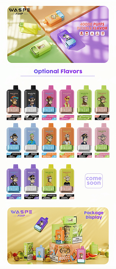 Een selectie van kleurrijke wegwerp-vape-apparaten met het label "WASPE Flip" met 40.000 trekjes en dubbele smaakopties, gepresenteerd in een levendige verpakking en met verschillende smaakkeuzes, elk geïllustreerd met tekenfilmfiguren.