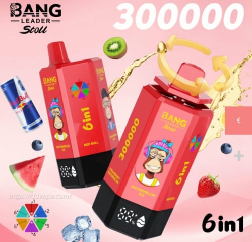 Two pink Bang 6in1 energy drink bottles with cartoon faces on a pink background, with fruits and a Red Bull can nearby.